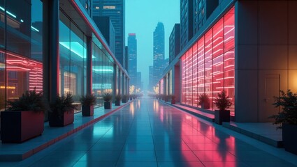 Fototapeta premium Neon-lit city street at night.