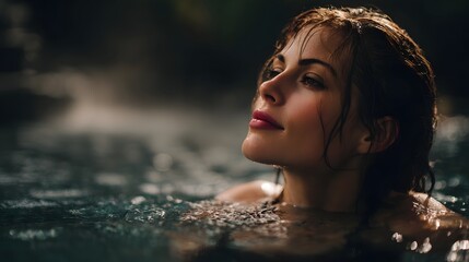 Fototapeta premium Woman relaxing in an outdoor hot spring surrounded by nature