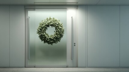 Modern glass office door with green festive Christmas wreath in minimal corporate hallway interior ideal for holiday workplace decoration visuals and seasonal business campaigns
