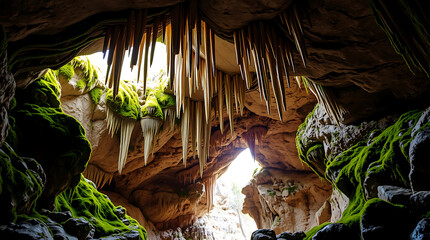 Water streams down limestone formations and stalactites inside a dark, underground cavern, creating a mesmerizing natural grotto