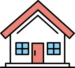 A simple and modern illustration of a house featuring a red roof, white walls, and blue windows.