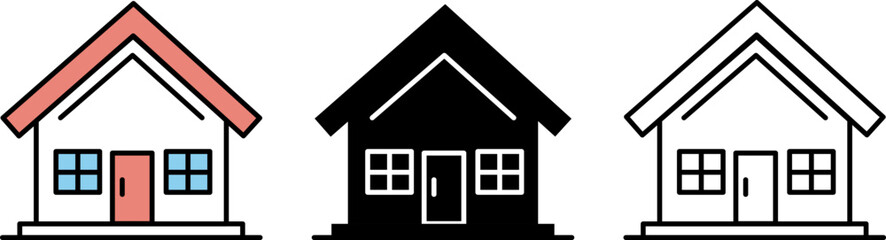 Illustration featuring three distinct house designs: one colored, one black, and one outline style for diverse uses.