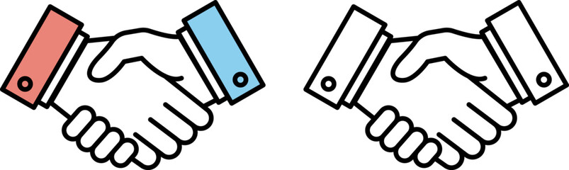 Two hands shaking, one with a red sleeve and the other with a blue sleeve, symbolizing partnership and collaboration.