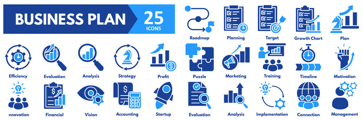 Business Plan icon set. with icons of roadmap, planning, target, growth chart, plan, efficiency, evaluation, analysis, strategy, profit, puzzle, marketing, training, timeline, motivation, innovation 