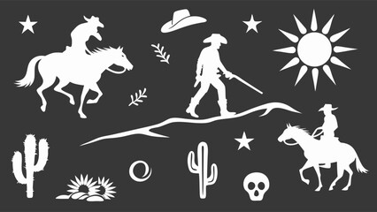 Fototapeta premium Western Silhouettes Cowboys Horses Cacti Sun and Desert Elements.