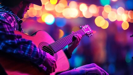 Person playing guitar in a vibrant music venue - Powered by Adobe