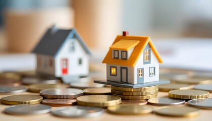 Miniature Homes: a symbol of property ownership and financial investment, Two miniature houses perched atop a bed of coins, representing concepts of real estate, investment, savings, and prosperity.