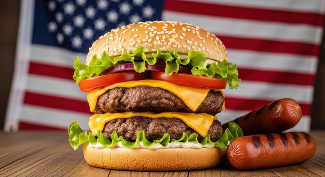 Double cheeseburger with sausages and american flag in background for 4th of july