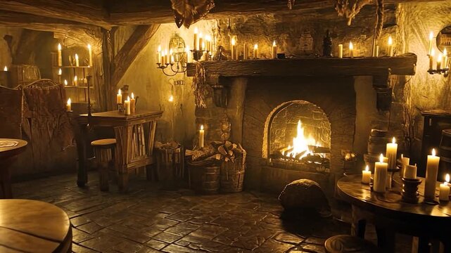 A cozy, candlelit medieval tavern