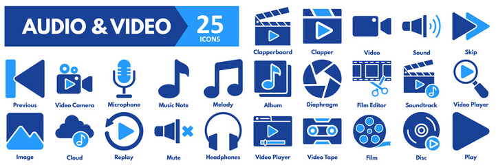 Audio and Video icon set. with icons of video player, tape, film, disc, play, clapperboard, clapper, video, sound, skip, previous, camera, microphone, music note, melody, album, diaphragm 