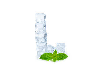 Mint and ice isolated on white background. Green fresh mint and ice cube. Mint leaves, ice cube and water drops for cold drink.