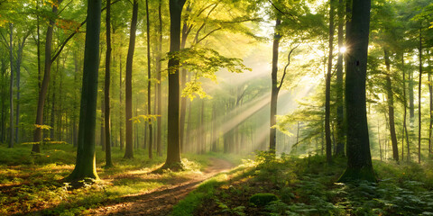 Sunlit forest with dappled light and golden foliage patterns