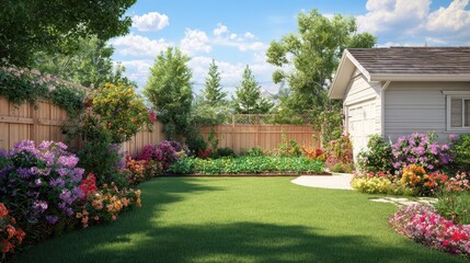 Naklejka premium Backyard garden flourishing flowers, lawn, fence and shed. For home improvement