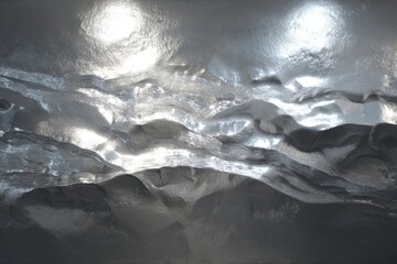Abstract close-up of shiny crumpled metal foil with rippled textures and bright reflections.