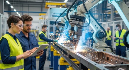 Assembly team collaborating near large robotic welding stations constructing lightweight structural components for railcars.