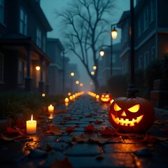 Obraz premium Spooky Halloween Night Street with Jack-o'-Lanterns, Fog, Autumn Leaves and Candlelight