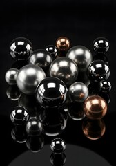 Metallic Spheres on Reflective Surface,  Abstract Composition with Metal and Copper Spheres Reflecting Light