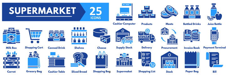 Supermarket icon set. with icons of supermarket, shopping list, stock, paper bag, bill, cashier computer, products, meats, bottled drinks, juice bottle, milk box, shopping cart, canned drink, shelves 