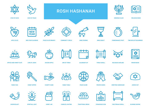 collection blue-line icons symbols traditions associated jewish holiday rosh hashanah, Torah calendar lion apple flip golden