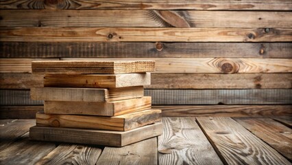 Rustic Stack of Wooden Planks on Weathered Wooden Surface Against a Background of Horizontal Wooden Planks