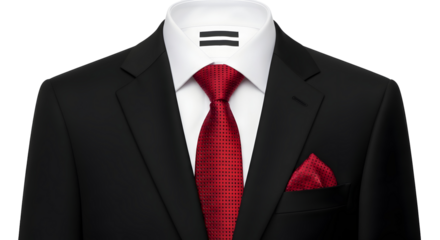 Sharp businessman in a classic black suit with a vibrant red tie and matching pocket square, exuding confidence and style for any professional occasion.