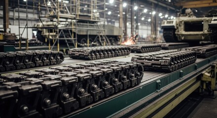 Fototapeta premium Assembly line conveyor carrying multiple battle tank tracks for installation highlighting the industrial workflow of heavy military equipment.