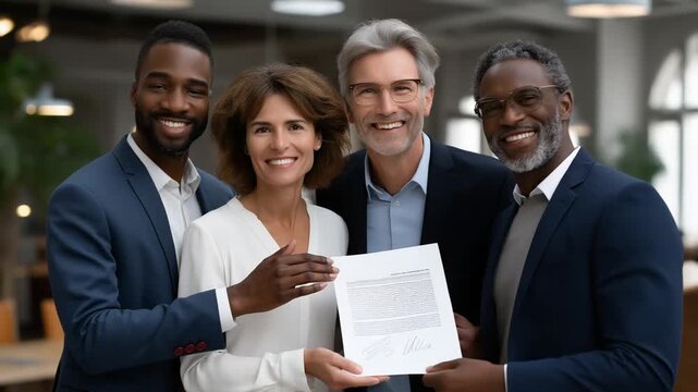 Group of diverse professionals joyfully celebrating a business agreement in a collaborative workspace. Positive and inclusive scene ideal for teamwork, corporate success, partnerships, and professiona