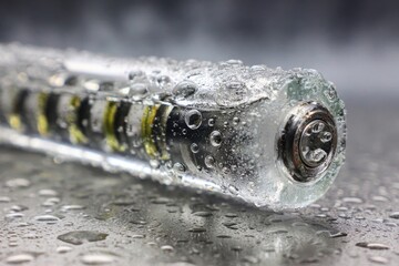 Macro close-up of a transparent object covered in glistening water droplets.
