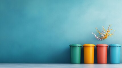 Waste management initiative colorful bins with flowers urban setting photography clean environment close-up sustainability concept