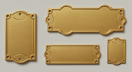 Golden label banner featuring an empty metallic nameplate with ornate edges and screw holes, ideal for signage, awards, or door tags. Includes various illustrated designs of golden temple structures.
