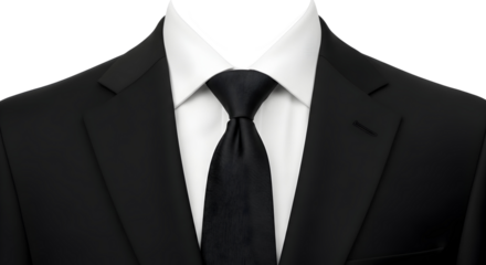 Sharp professional black suit with classic white shirt and elegant black tie exudes confidence and success for any business occasion.