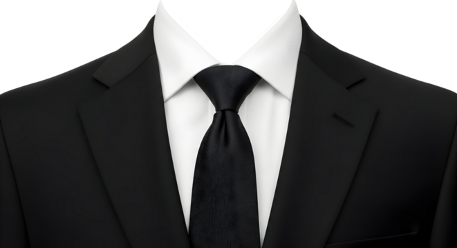 Sharp professional black suit with classic white shirt and elegant black tie exudes confidence and success for any business occasion.