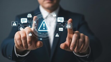Man in suit touching a digital interface with warning icons - Powered by Adobe