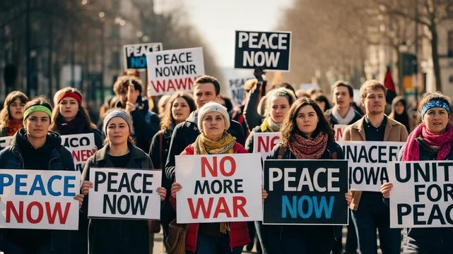 Peace Now, No More War. Diverse group of young adult activists marching in a street protest. People holding signs and banners at a demonstration for unity and against conflict.