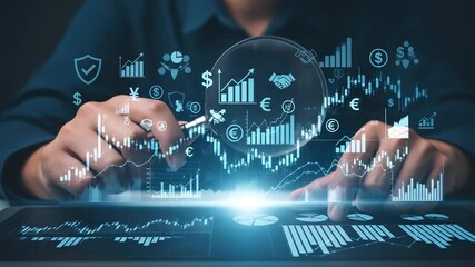 Person analyzing financial data with a magnifying glass - Powered by Adobe