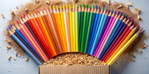 A vibrant fan of colored pencils arranged with wood shavings and a cardboard box, symbolizing creativity and art supplies