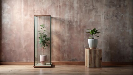 Stylish indoor plants displayed in contemporary glass enclosure and minimalist pot against textured wall