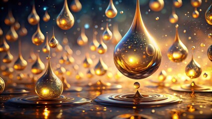 Golden Liquid Droplets Cascading and Reflecting Light in a Serene and Harmonious Composition