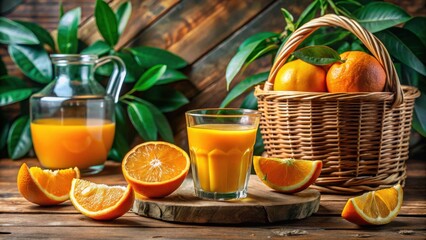 Refreshing Glass of Orange Juice with Whole and Sliced Oranges in a Rustic Wooden Setting
