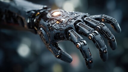 A close up of a detailed black robotic hand with glowing lights and complex mechanical components