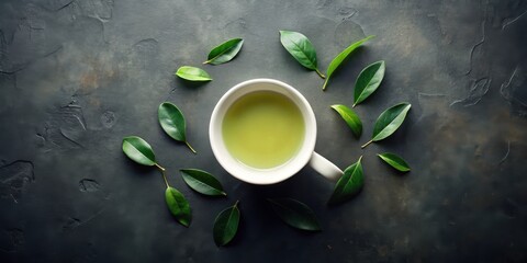 Aromatic Green Tea Brew in a White Mug Surrounded by Fresh Leaves on a Dark Textured Surface