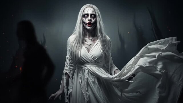 Ethereal Ghostly Woman in White Dress with Pale Skin and Dark Eyes in a Dark Forest with an Ominous Glowing Presence