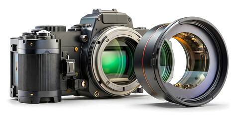 A professional dslr camera with a detached lens, ready for capturing highquality images and professional photography