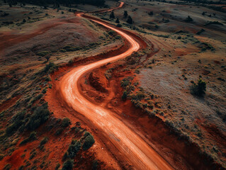 Drone shot of winding red dirt road through savannah
