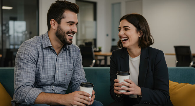 Joyful Office Break: Happy Male and Female Colleagues Laughing and Enjoying a Casual Coffee Conversation in a Modern Workplace