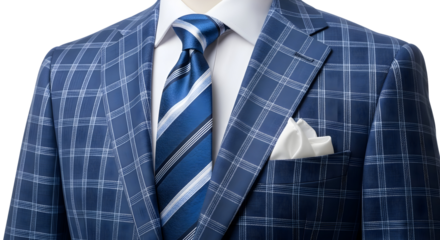 Sharp businessman wears stylish blue plaid suit with striped tie and crisp white pocket square exuding confidence and modern elegance for formal occasions or professional settings.