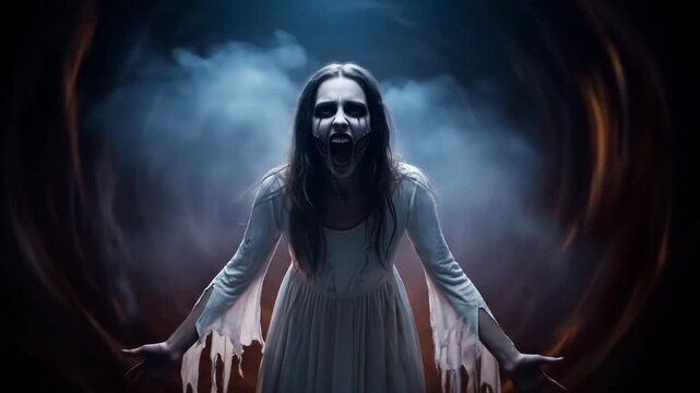 Eerie Portrait of a Terrifying Female Ghost Screaming with Pale Face and Dark Eyes in a Supernatural Setting with Shadows and Smoky Background