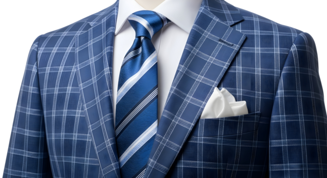 Sharp businessman wears stylish blue plaid suit with striped tie and crisp white pocket square exuding confidence and modern elegance for formal occasions or professional settings.