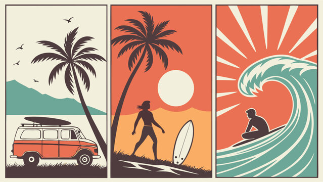 Retro Summer Triptych Surf Beach and Van Life.