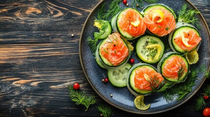 Appetizer platter featuring cucumber and smoked salmon roll-ups with lemon zest and dill on natural wooden background